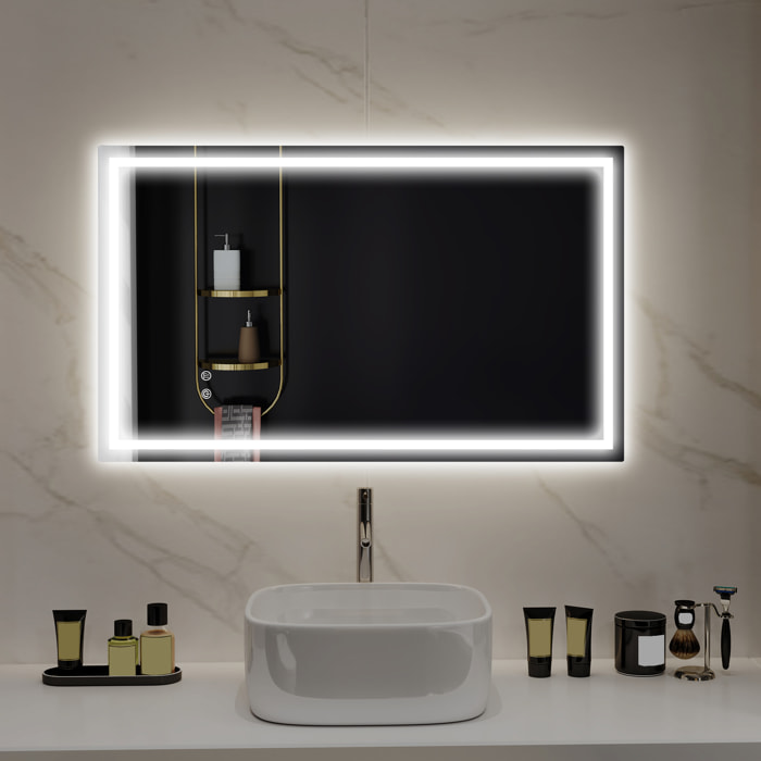 Miroir LED mural de salle de bain - 100L x 60H cm - luminosité réglable 3 couleurs - interrupteur tactile - système antibué