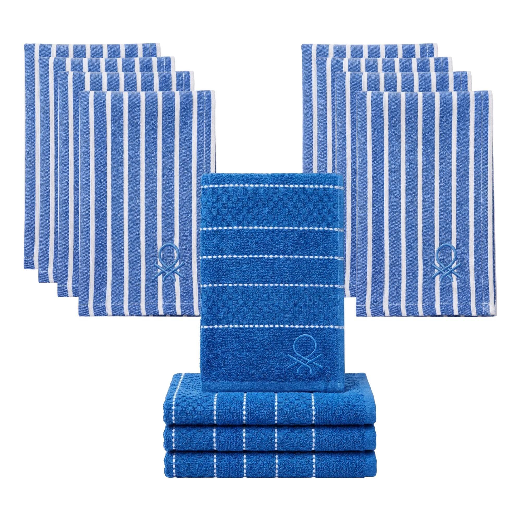 Set textil de cocina de 12 piezas 100% algodón, 4 paños 50x50cm + 8 servilletas, reutilizables y absorbentes, color azul