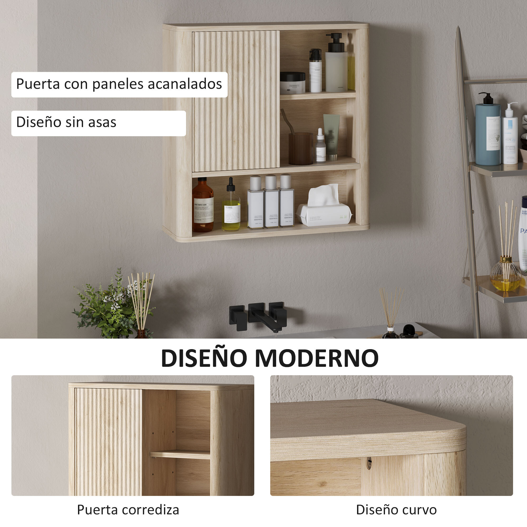 Armario de Baño de Pared Mueble de Baño Colgar con Estantes Ajustables Puerta Corredera Compartimentos y Diseño con Perfil Curvo 60x20x62 cm Natural