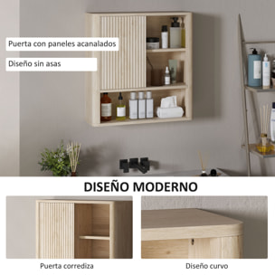 Armario de Baño de Pared Mueble de Baño Colgar con Estantes Ajustables Puerta Corredera Compartimentos y Diseño con Perfil Curvo 60x20x62 cm Natural