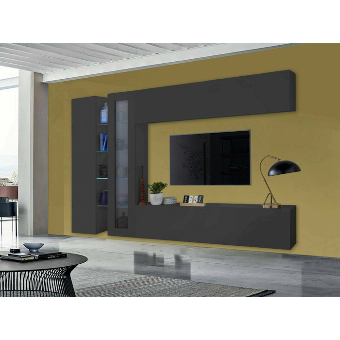 Parete attrezzata Costante, Set salotto porta TV a 4 ante, Mobile soggiorno multiuso, 100% Made in Italy, cm 280x30x180, Antracite