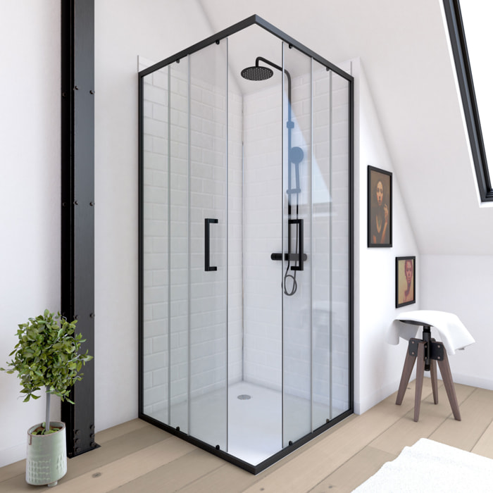 Porte de douche carrée - 90x90x200 cm - PROFILE NOIR MAT - verre trempé 6mm