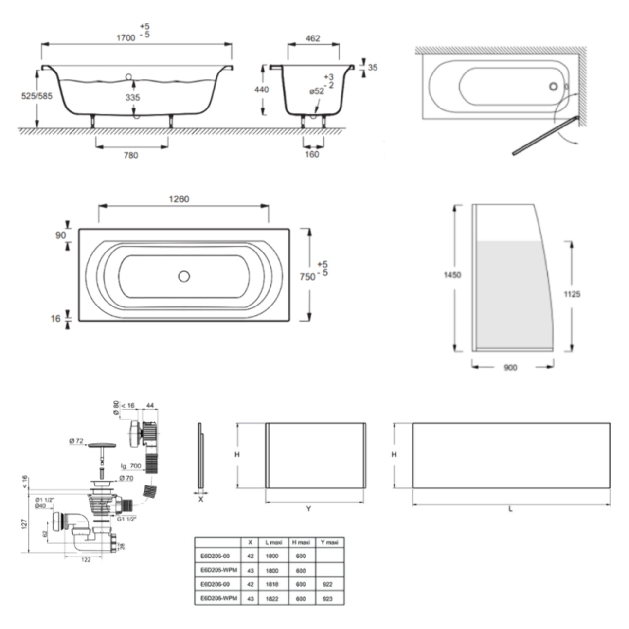 Baignoire droite 170 X 75 Elise acrylique + pare bain volet droite + tablier en angle + vidage