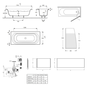 Baignoire droite 170 X 75 Elise acrylique + pare bain volet droite + tablier en angle + vidage