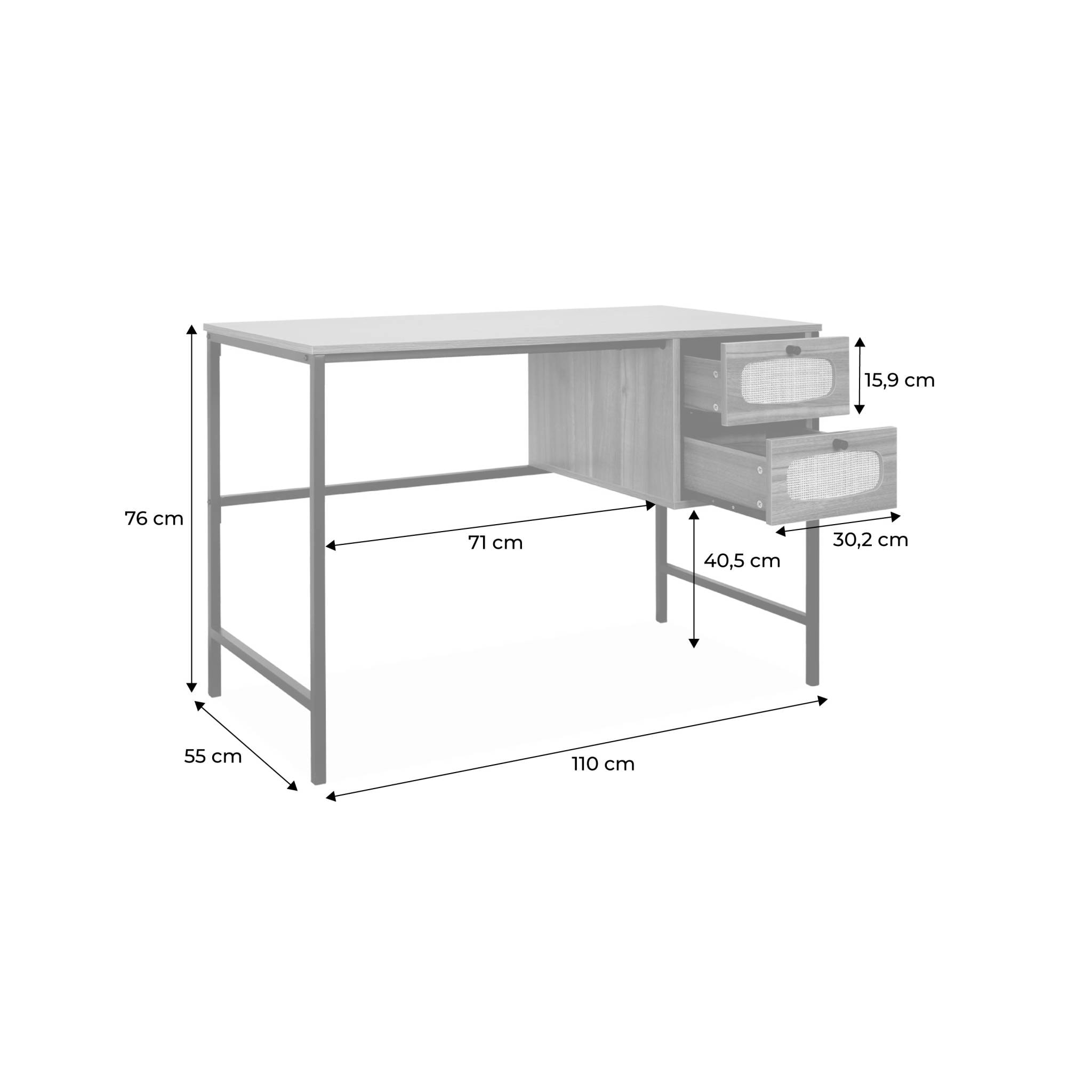 Bureau rétro décor bois et cannage avec piètement et poignées en métal noir