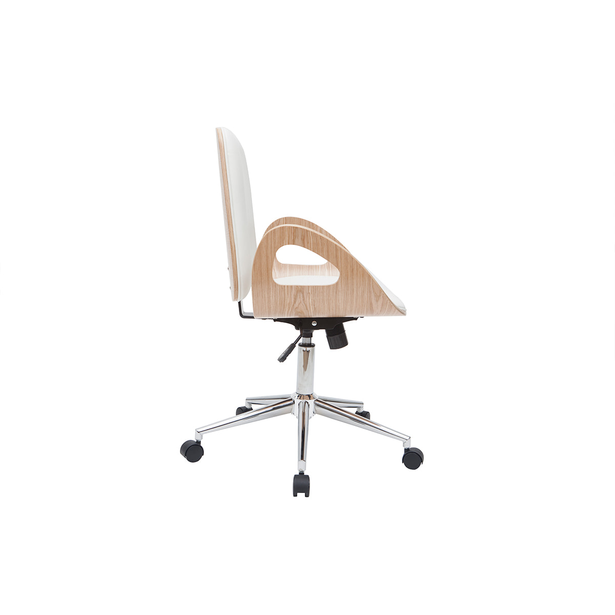 Chaise de bureau à roulettes design blanc, bois clair et acier chromé GLORY