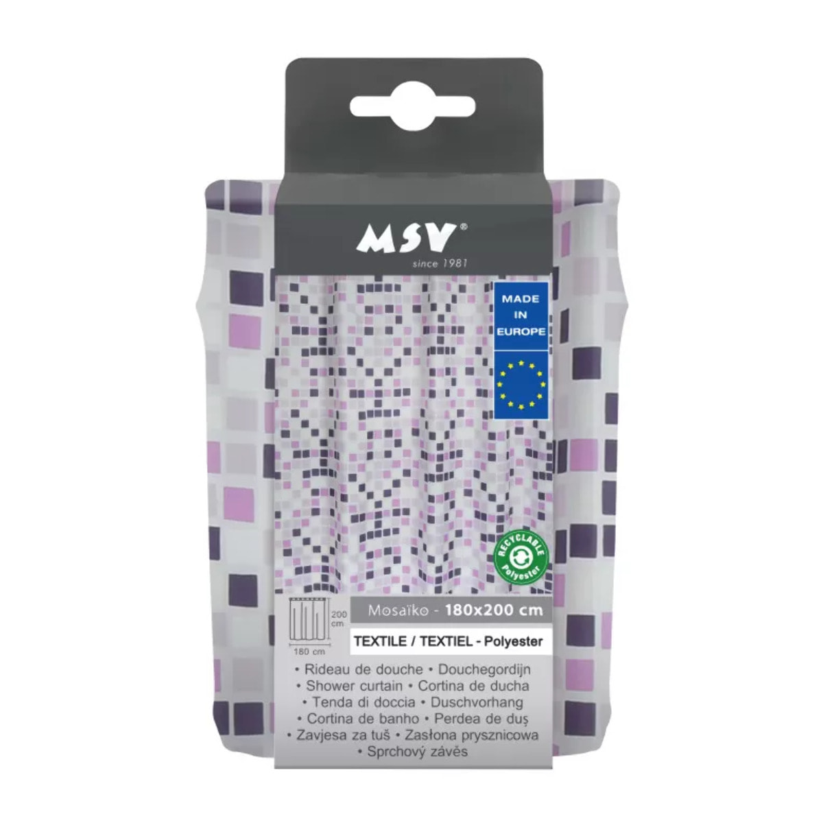 Rideau de douche Polyester MOSAIKO 180x200cm QUALITE PREMIUM Violet - Anneaux inclus MSV