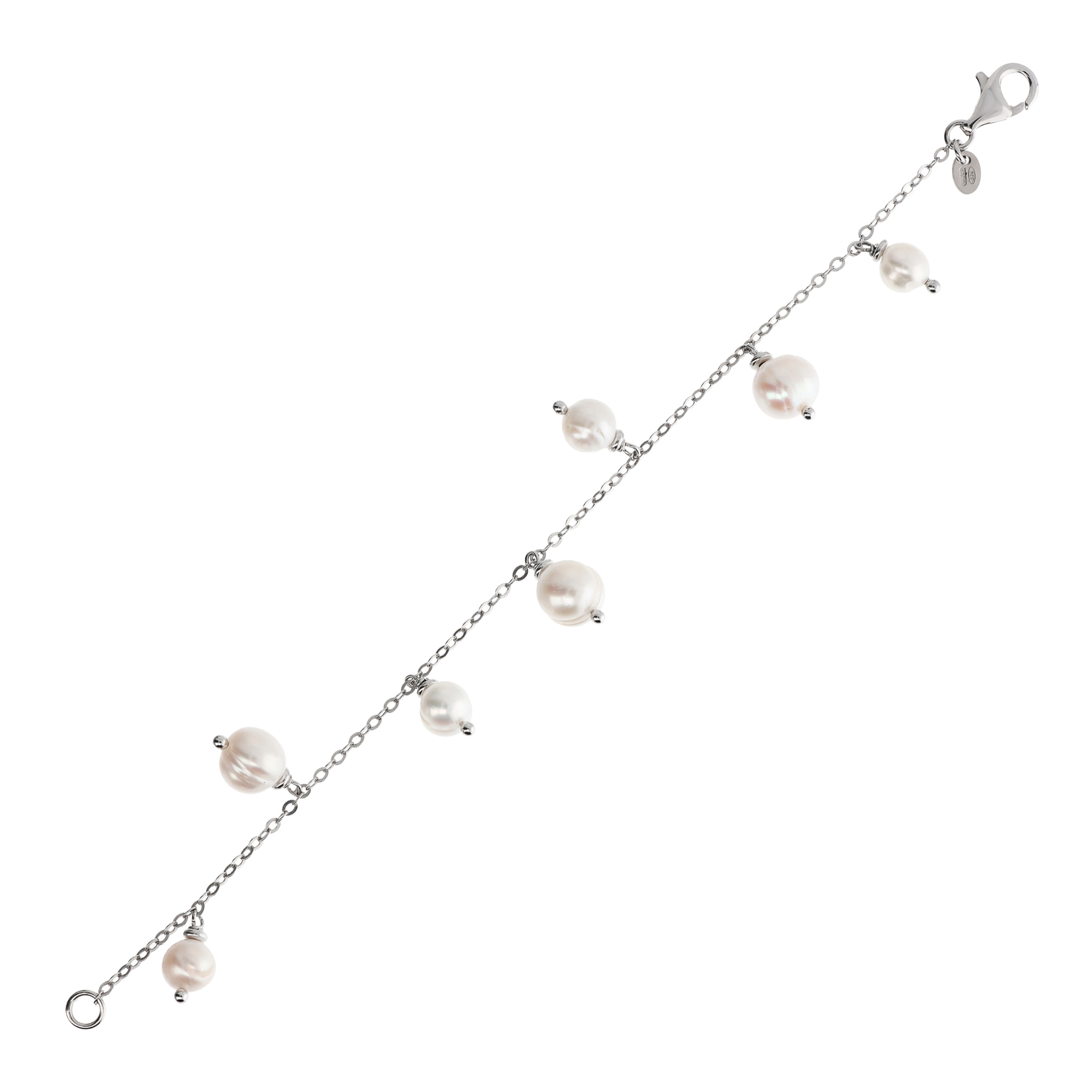 PERLAVIVA - Bracciale Catena Rolo in Argento 925 con Charms in Perle d'Acqua Dolce Bianche Ø 7-9 mm