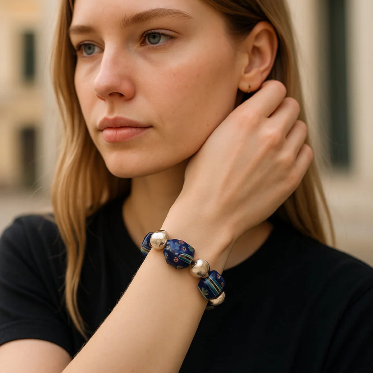 Pulsera elática Mirafiori irregular cristal Murano plata 10µ