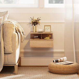 Lot de 2 tables de chevet murales - tiroir coulissant, niche et plateau - aspect bois clair