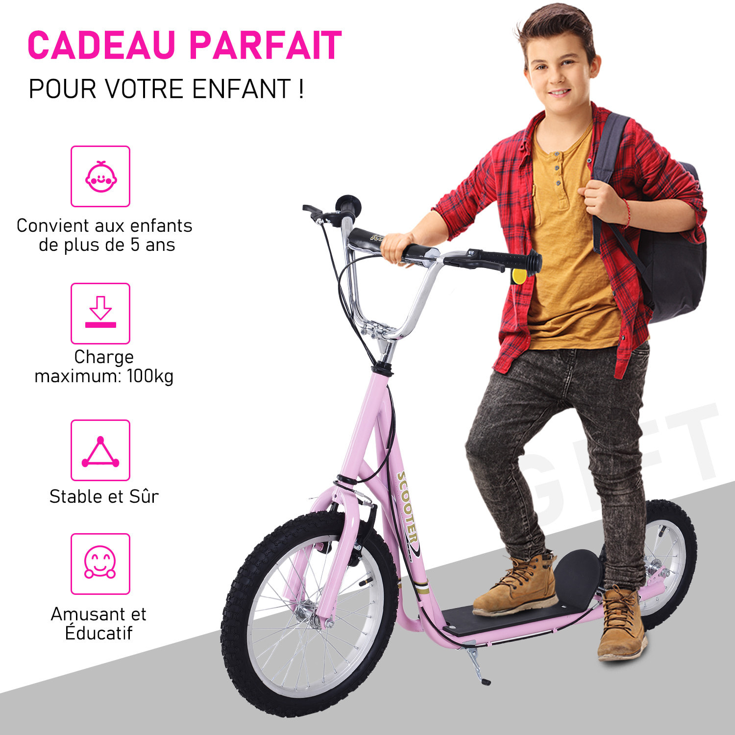 Trottinette patinette enfant à partir de 5 ans grands pneus guidon réglable poignées freins et béquille acier rose