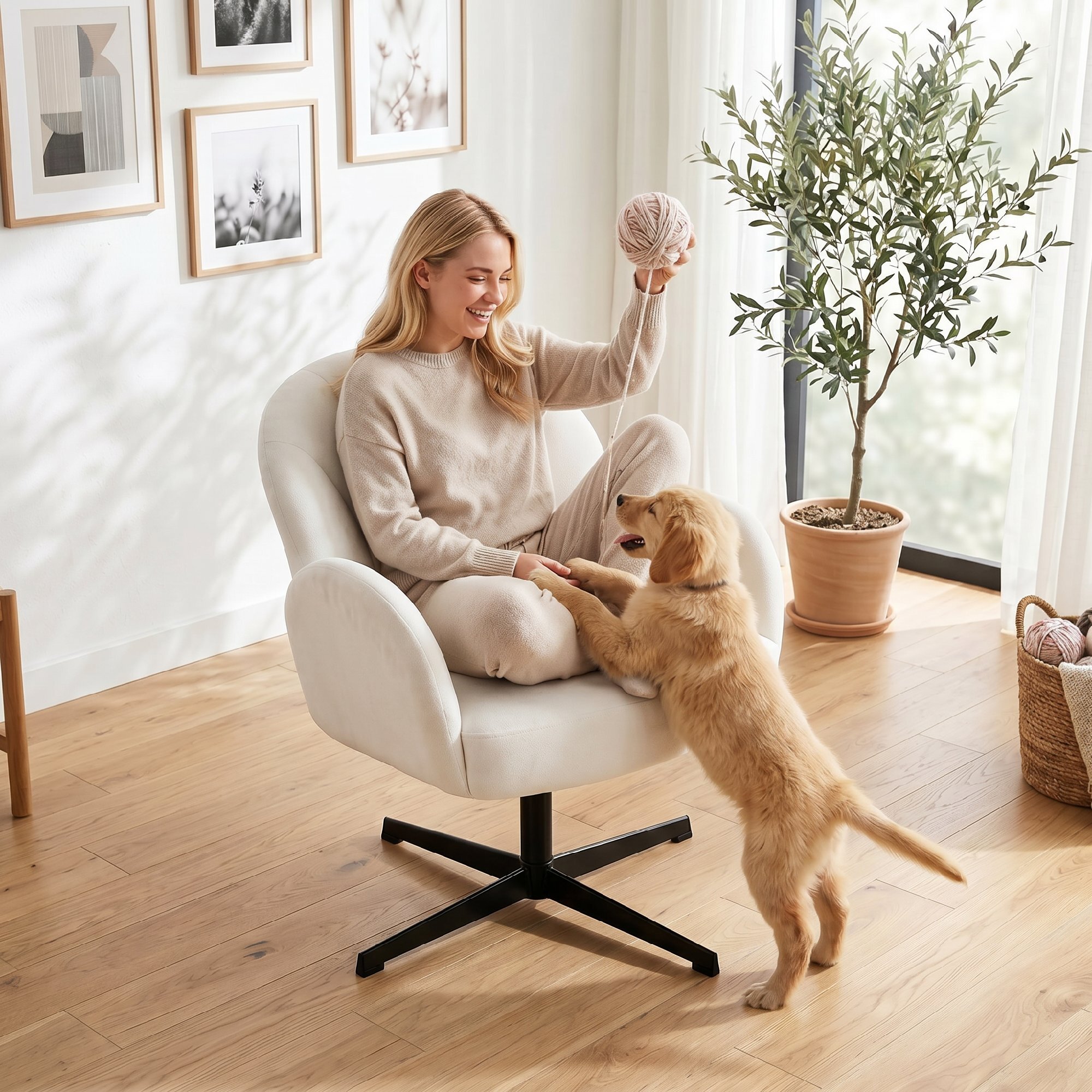 Sillón de Salón Giratorio, Butaca de Salón Tapizada en Terciopelo con Respaldo en Forma de Concha, Cojín con Resortes, Base Cruzada, Sillón de Relax para Dormitorio, Oficina, Estudio, Crema