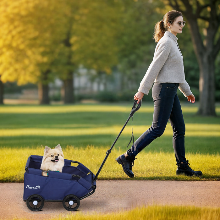 Carrito para Perros Plegable Cochecito para Mascotas Carrito para Perros Miniatura con Barra de Empuje Ajustable Diseño Abierto Cojín Bolsa de Almacenamiento y Ruedas 53x45x28 cm Azul Oscuro