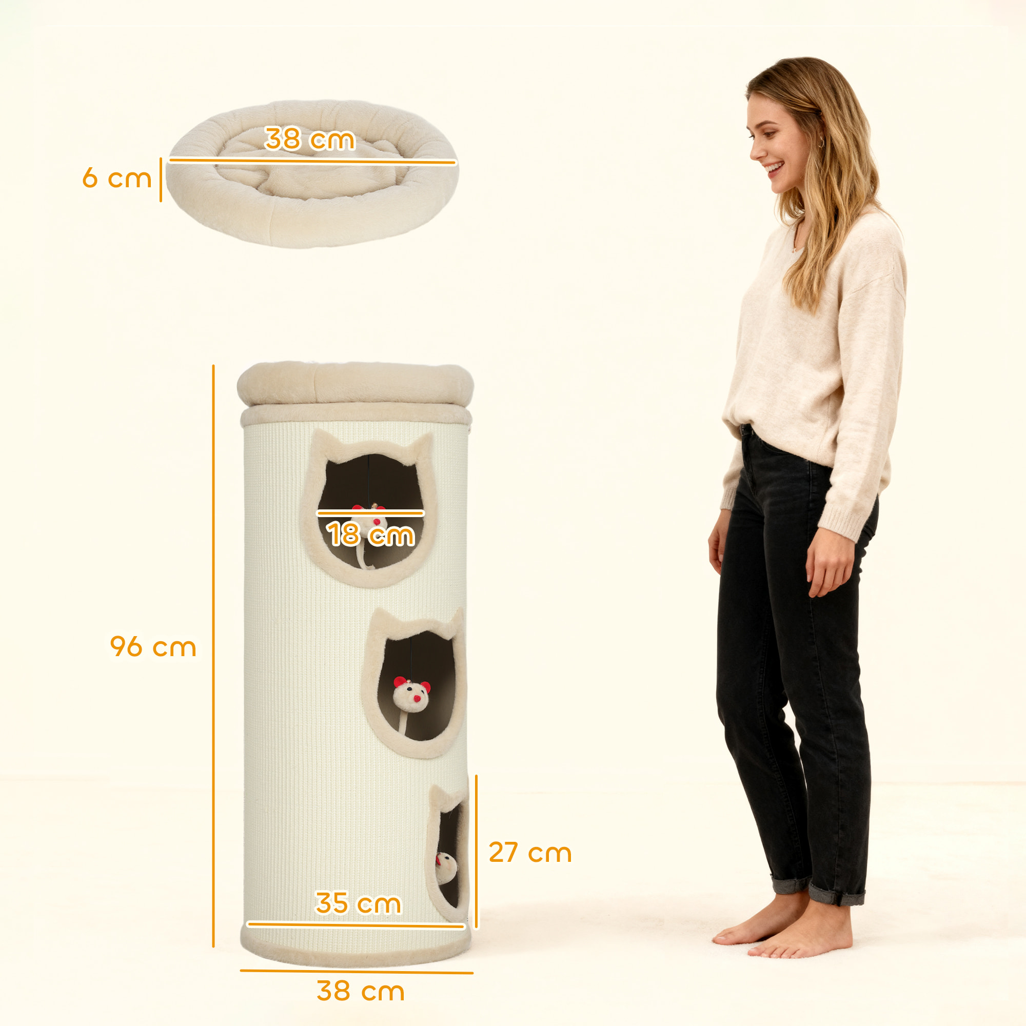 Tour à griffer pour chat - arbre à chat - 3 niches, 3 jouets, panier haut - sisal peluche beige