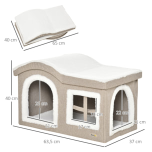 Casa Plegable para Gatos Interior Cueva para Gatos Grande con Tapa Extraíble Cojines 2 Entradas y Ventana Taburete para Gatos 63,5x37x40 cm Beige