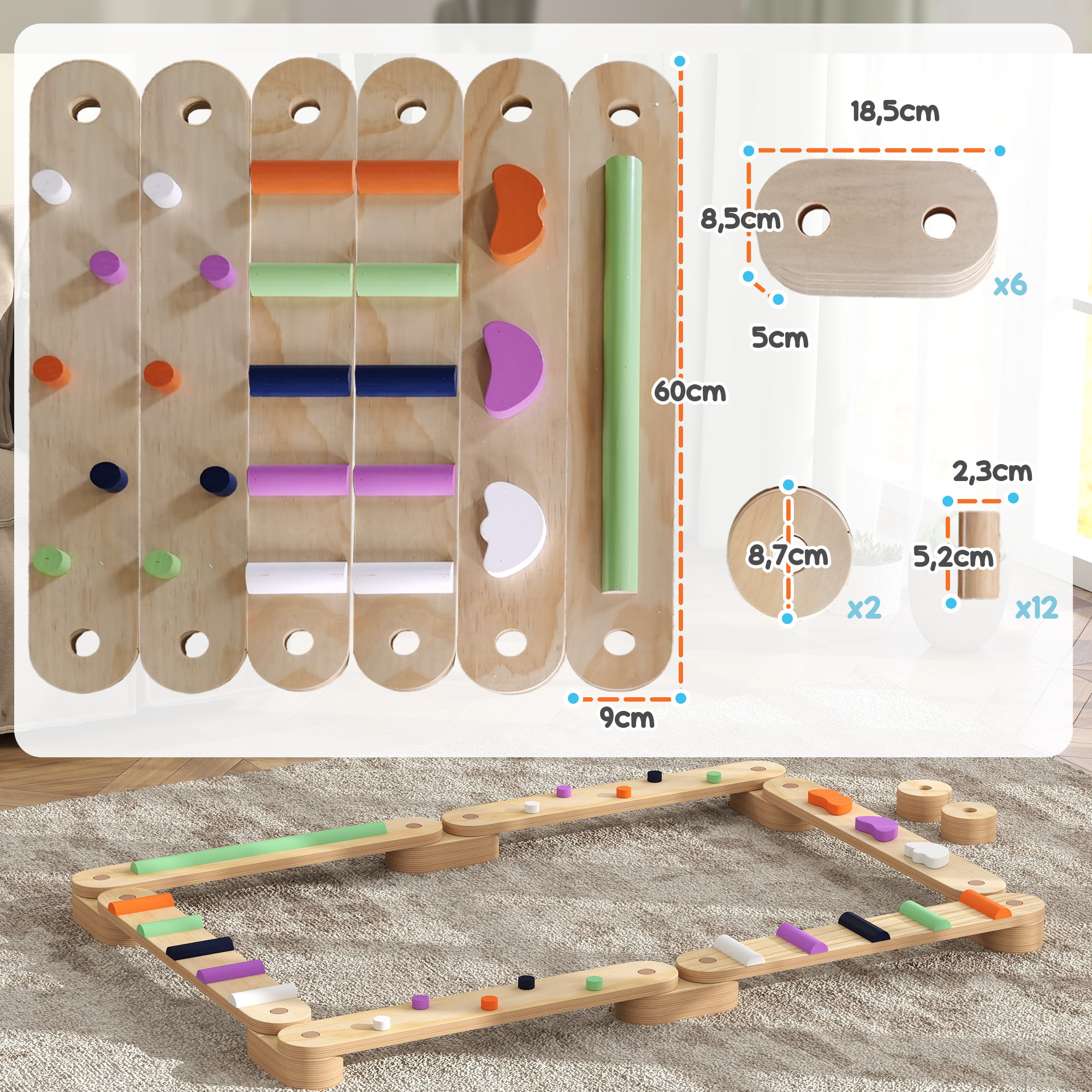 Poutre d'équilibre enfant en bois - pierres d'obstacle colorées - intérieur extérieur