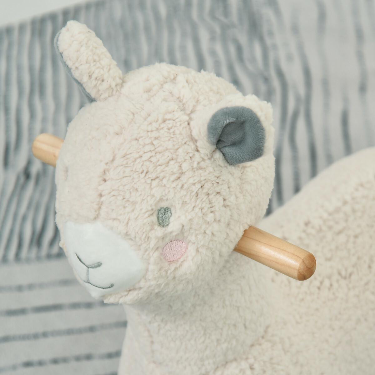 Cheval à bascule modèle lama fonction vocale bois peuplier peluche douce crème