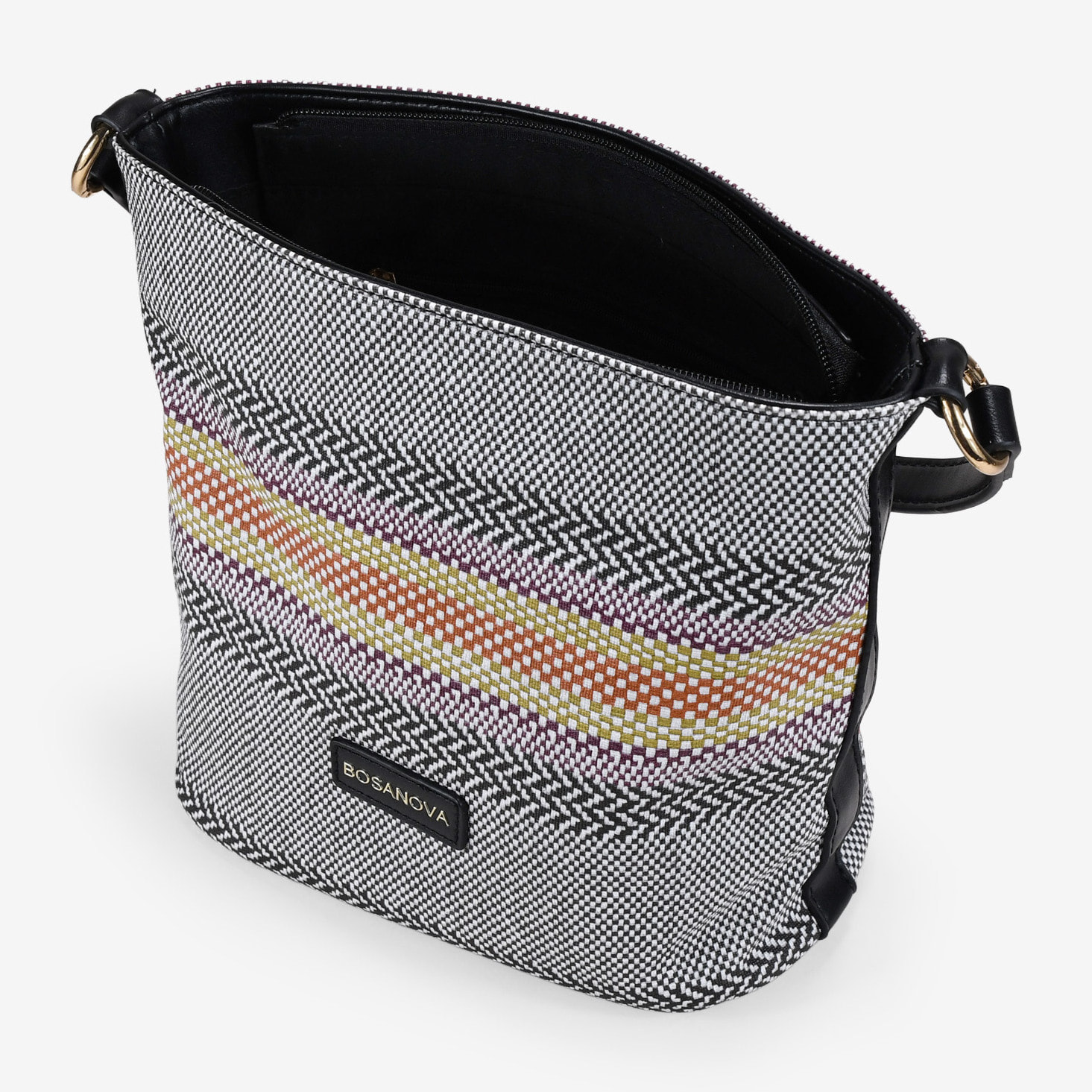 Bolso de hombro negro y gris con rayas