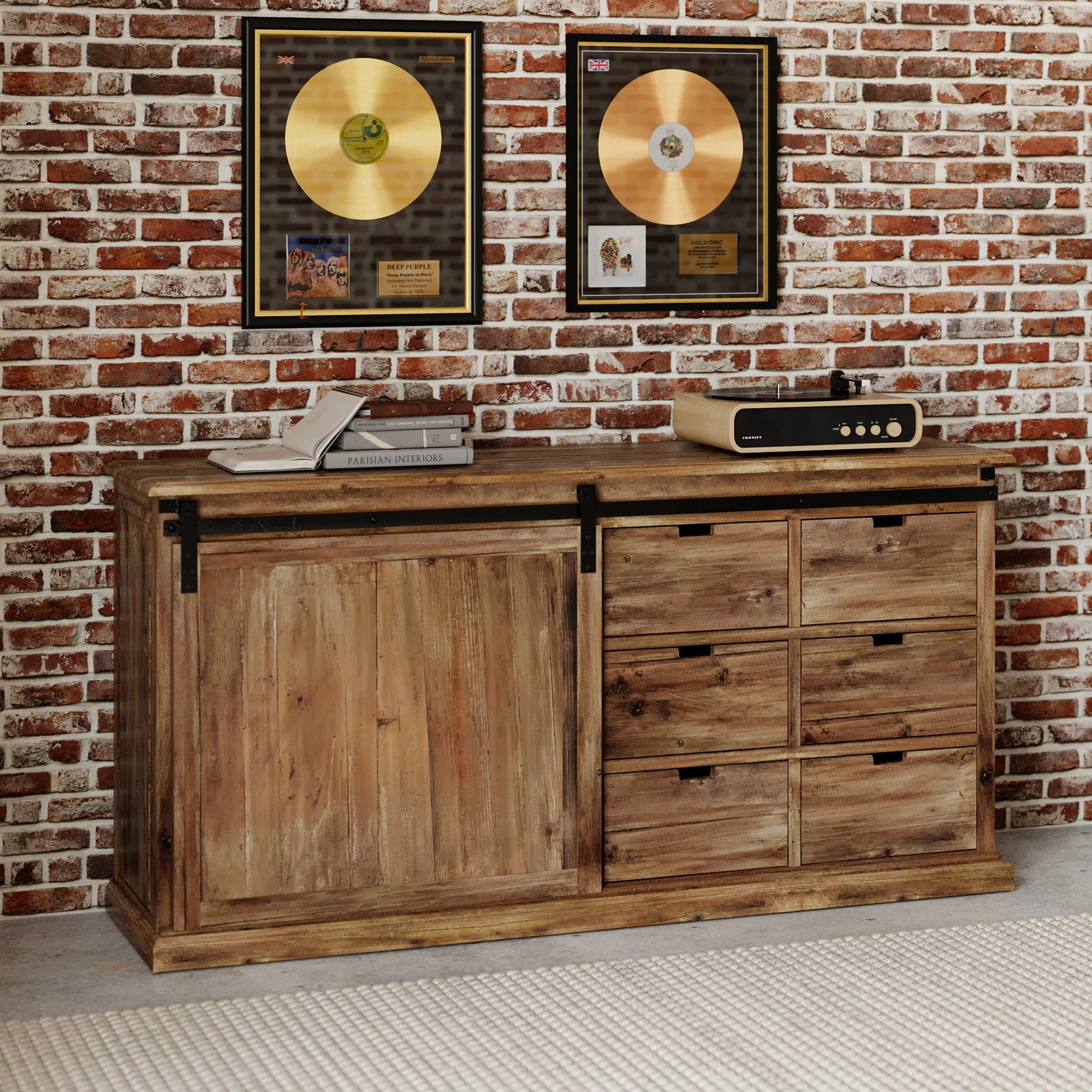 Buffet en bois recyclé, 6 tiroirs et 1 porte coulissante - Sari