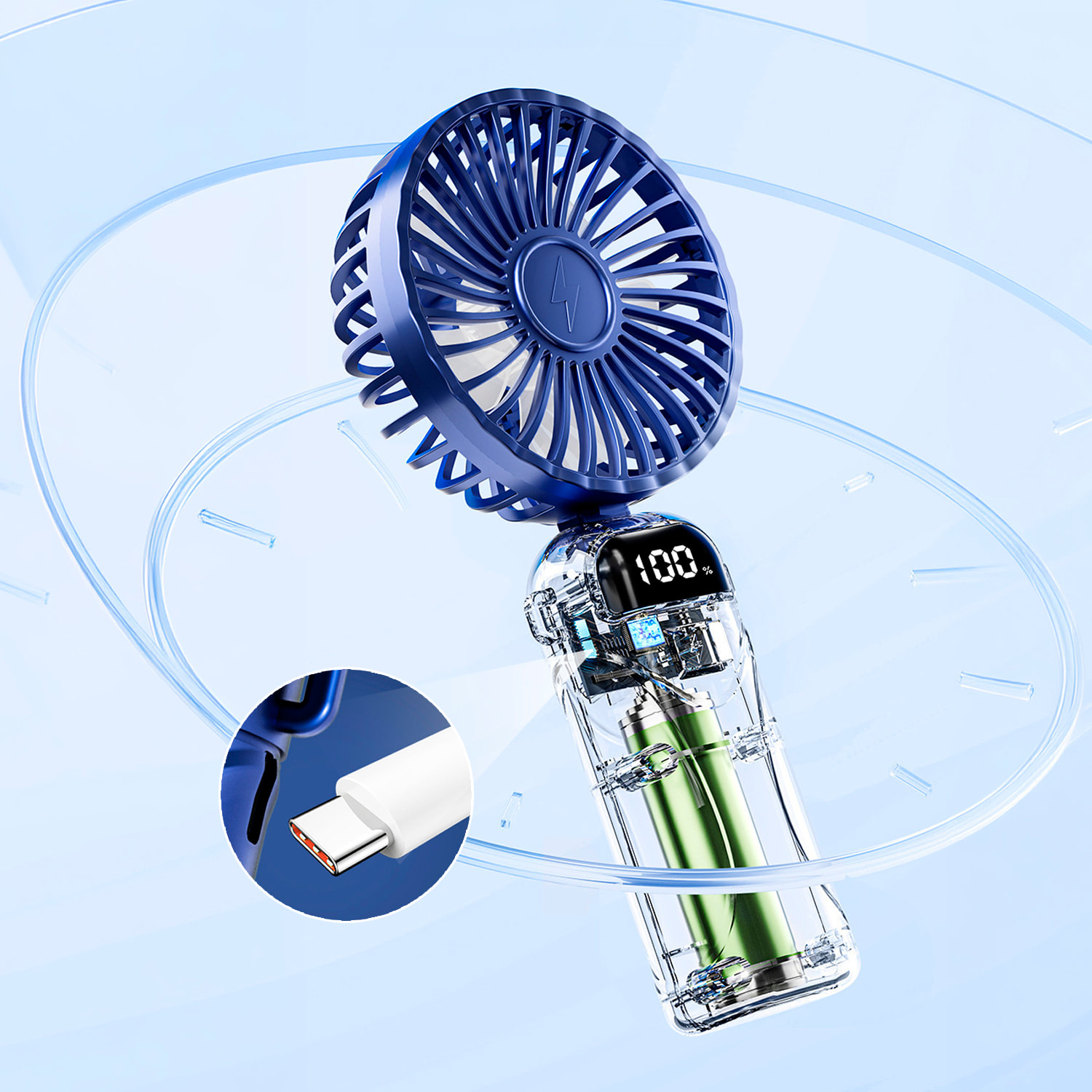 Ventilador portátil A18. Con pantalla LED, 5 velocidades, giro con ángulo ajustable de 90°, batería recargable y soporte para móvil.