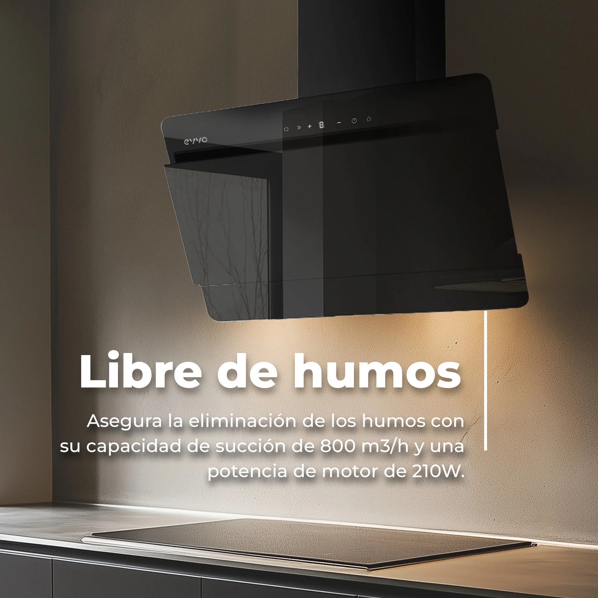 EVVO Campana extractora 60 cm decorativa, 800 m³/h, control táctil y gestual, filtros de aluminio y carbón activo, eficiencia energética A++