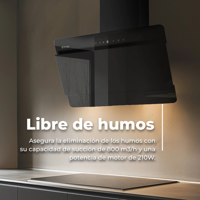 EVVO Campana extractora 60 cm decorativa, 800 m³/h, control táctil y gestual, filtros de aluminio y carbón activo, eficiencia energética A++