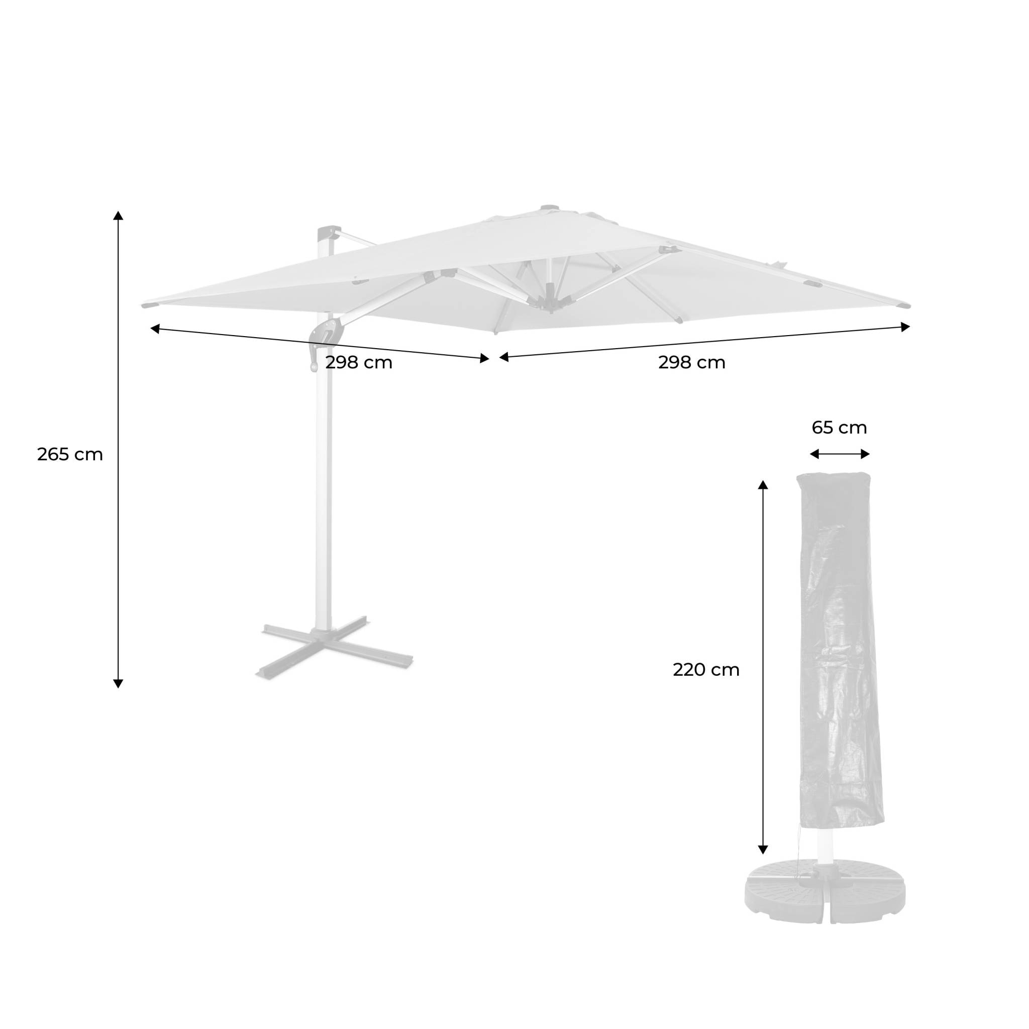 Parasol déporté haut de gamme 3x3m beige. toile en polyester teintée dans la masse. structure aluminium anodisé. housse incluse