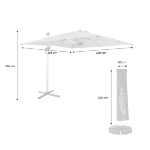 Parasol déporté haut de gamme 3x3m beige. toile en polyester teintée dans la masse. structure aluminium anodisé. housse incluse