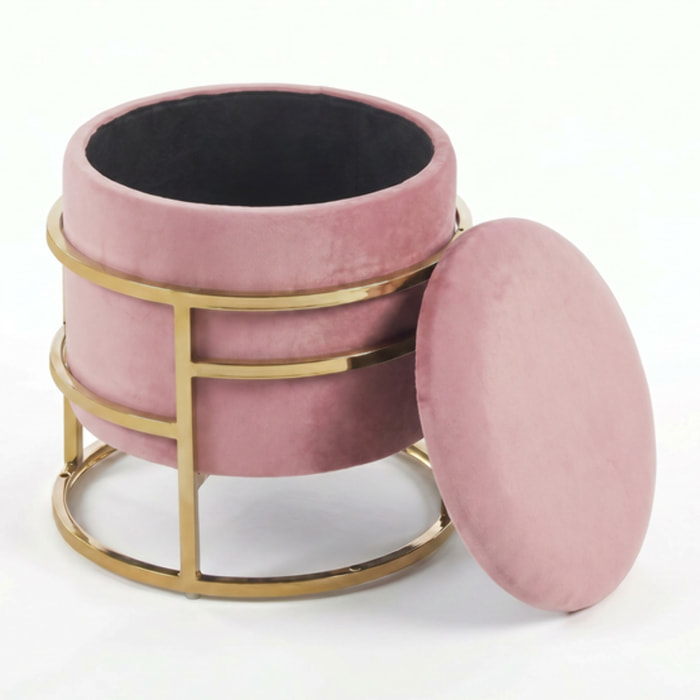 Pouf Contenitore Rotondo in Velluto con Coperchio e Base in Acciaio Dorata, Seduta Imbottita con Vano Contenitore dallo Stile Elegante per Soggiorno, Camera da Letto e Ingresso
