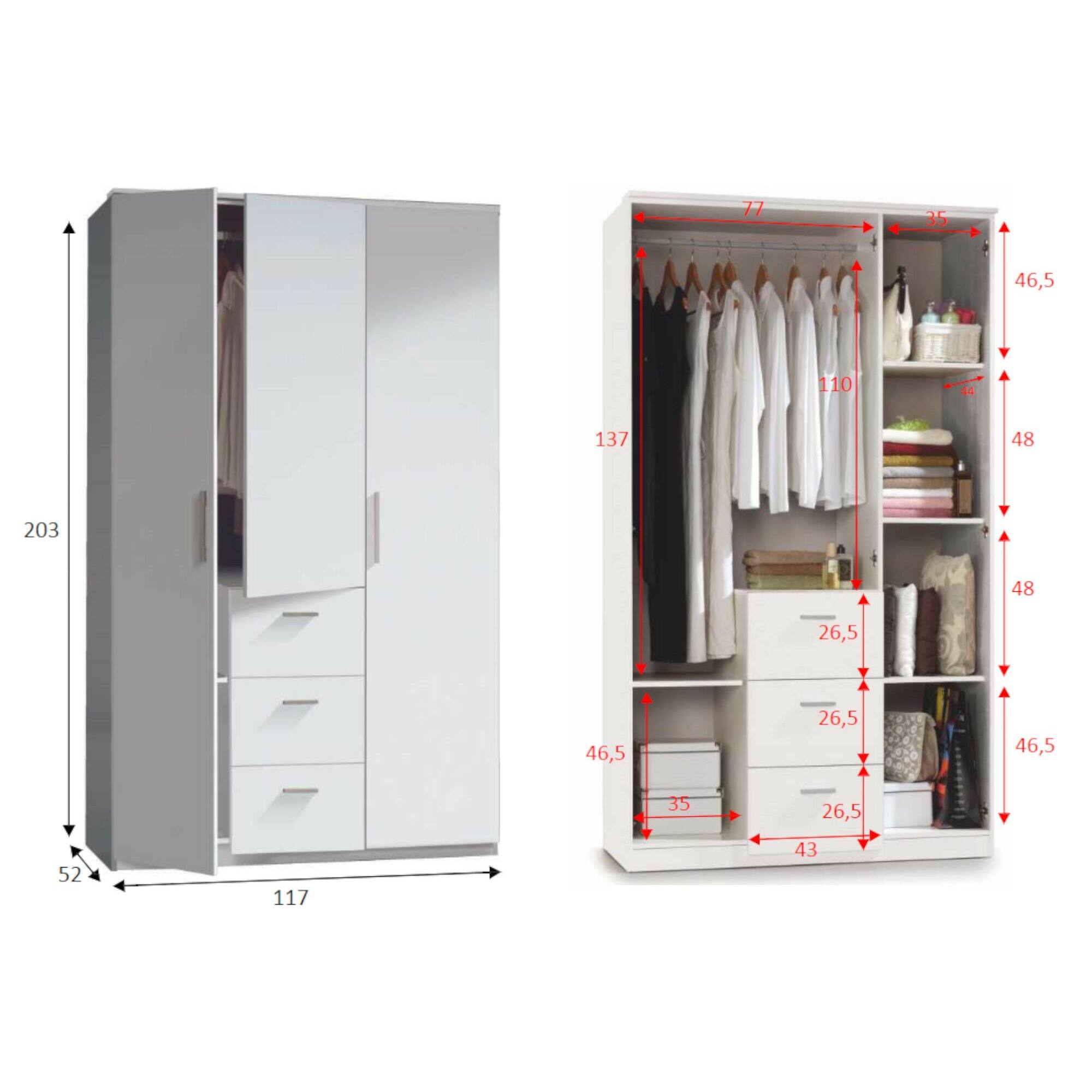 Guardaroba Providence, Armadio per camera da letto a 3 ante battenti, Mobile con barra appendiabiti e 3 ripiani, cm 117x52h203, Bianco