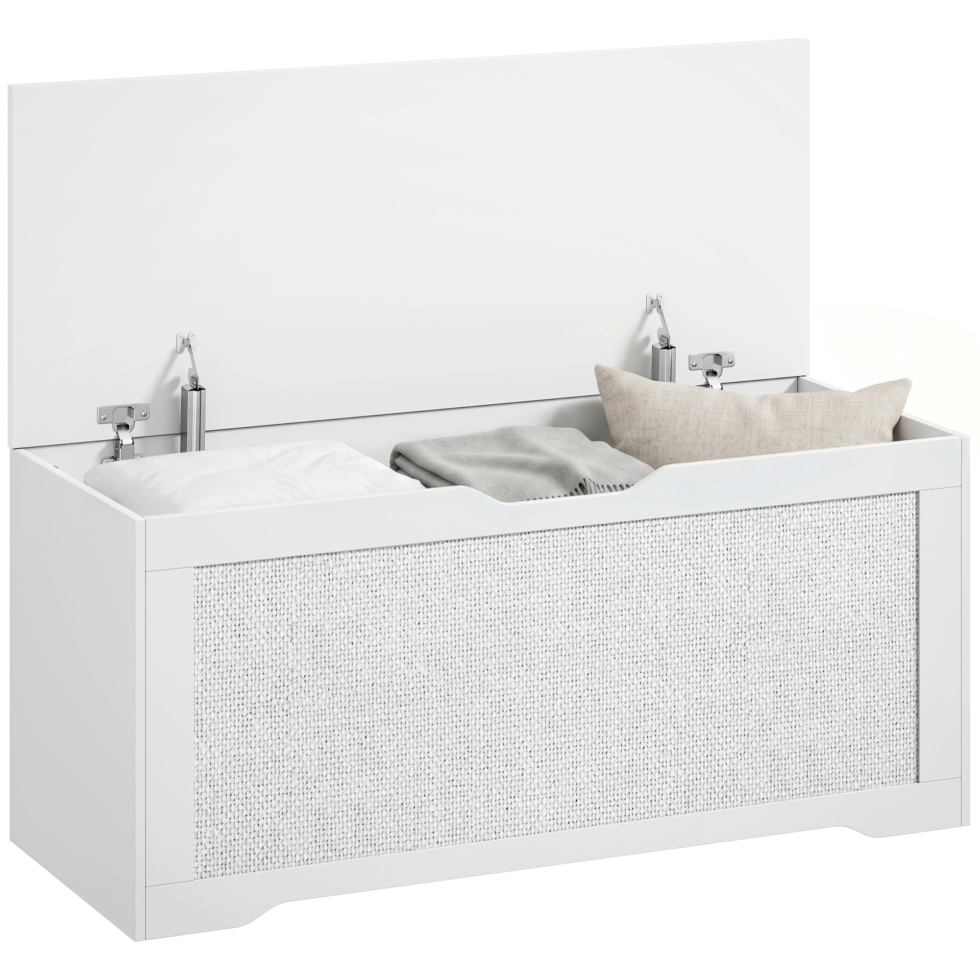Baúl de Almacenaje 136L, Banco de Almacenaje con Panel de Ratán, Tapa Elevable, Brazos de Soporte, Diseño Sin Tiradores, para Recibidor, Pasillo, Dormitorio, Salón, 100x40x45 cm, Blanco