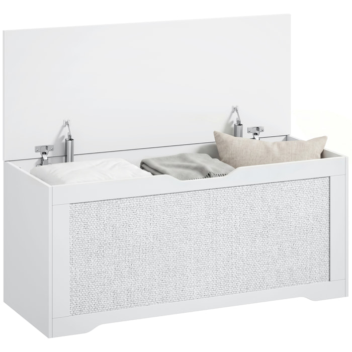 Baúl de Almacenaje 136L, Banco de Almacenaje con Panel de Ratán, Tapa Elevable, Brazos de Soporte, Diseño Sin Tiradores, para Recibidor, Pasillo, Dormitorio, Salón, 100x40x45 cm, Blanco