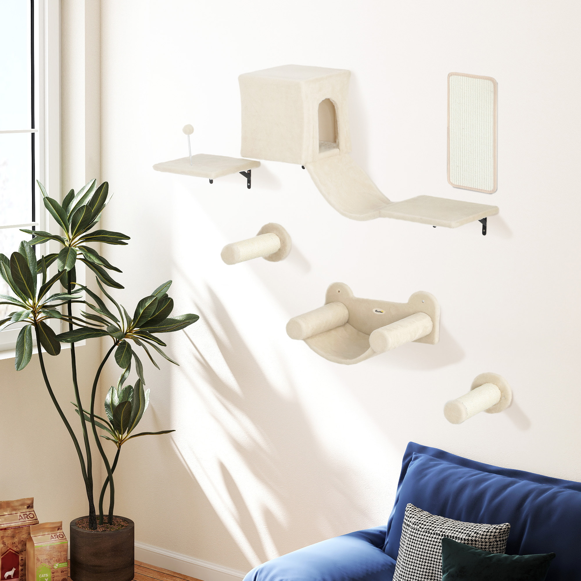 Juego de Pared de Escalada para Gatos de 6 Piezas Estanterías para Gatos con Condominio Plataforma Hamaca Escaleras Percha Tabla Rascador Poste de Sisal Bola de Juguete Beige