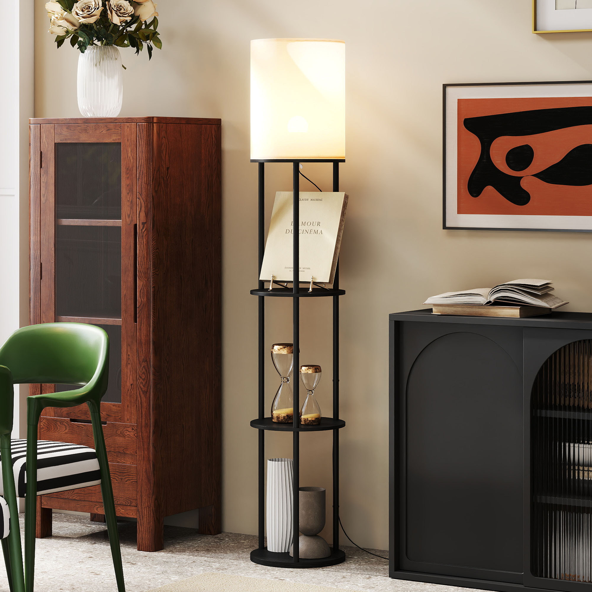 Lámpara de Pie con Estantes, Lámpara con 3 Temperaturas de Color, Control Remoto, para Salón, Dormitorio, Oficina, Negro