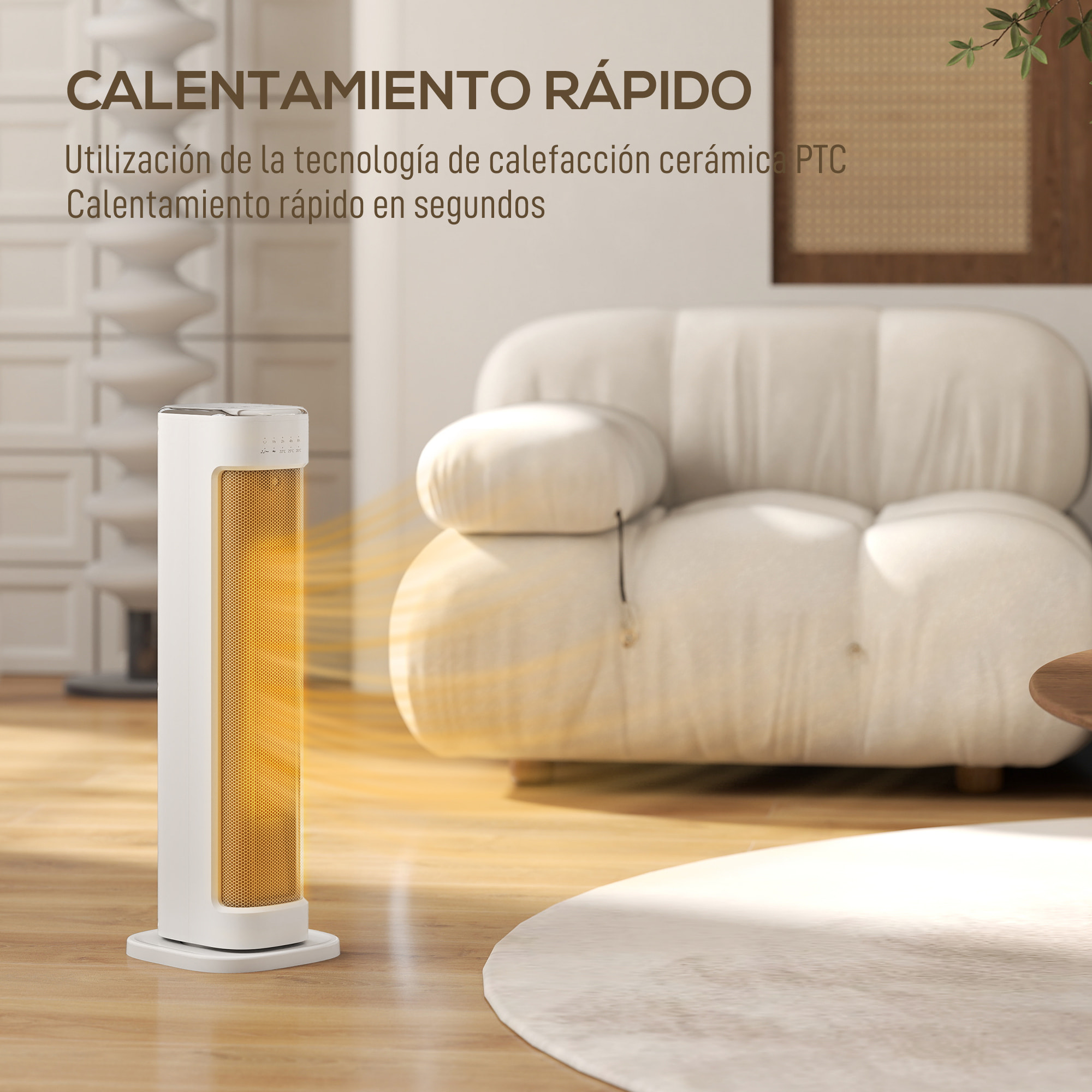 Calefactor Eléctrico Bajo Consumo, 2000W PTC, Termoventilador con 3 Modos, Termostato Regulable, Temporizador, Protección contra Vuelcos y Sobrecalentamiento, Control Remoto para 15-20㎡, Blanco