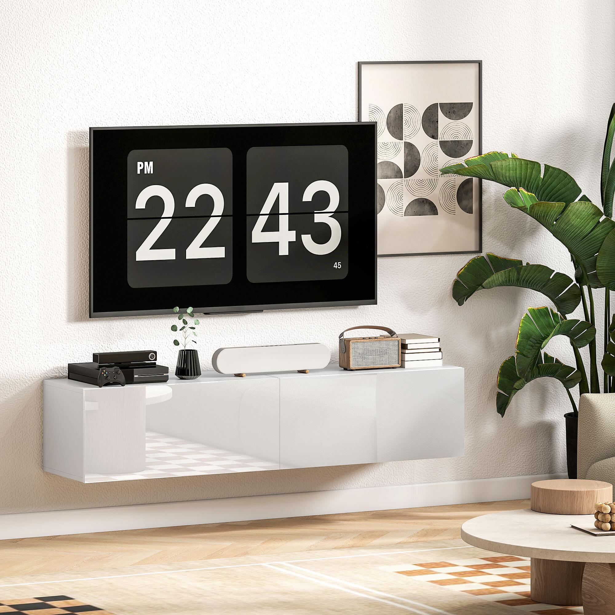 Meuble TV suspendu meuble TV flottant design façade blanc laqué 2 portes