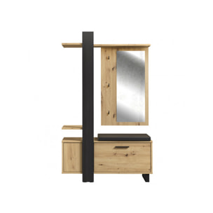 Vestiaire en bois effet chêne avec rangements, miroir et coussin - MARACAS