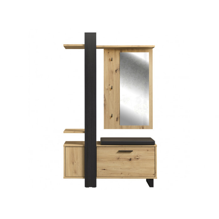 Vestiaire en bois effet chêne avec rangements, miroir et coussin - MARACAS