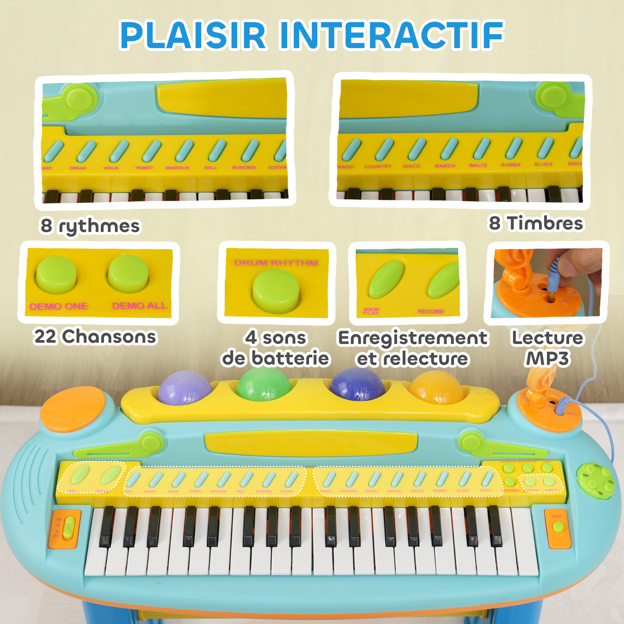 Clavier musical pour enfant - piano enfant avec tabouret et micro - 37 touches, 22 chansons, 8 instruments et rythmes - jaune bleu