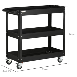 Carro de Herramientas con Ruedas Carro de Taller de Acero con 3 Estantes de Almacenamiento y Asa Lateral para Garaje Mecánico Hogar Carga 150 kg 83x35,3x76 cm Negro