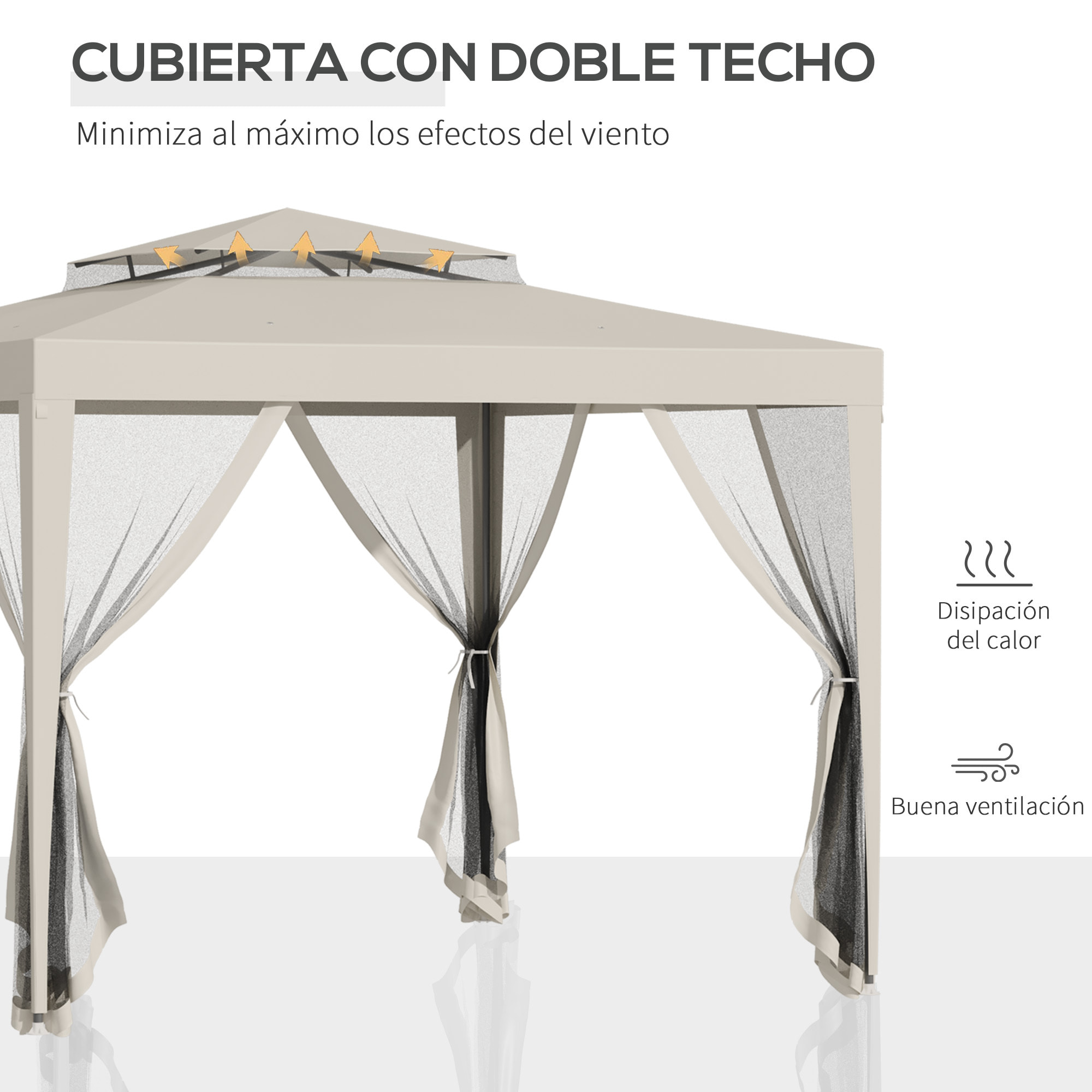 Carpa de Jardín 3x3 m Cenador Desmontable de Exterior Gazebo con 4 Mosquiteras Laterales Techo Doble y Marco Metálico Anti-UV Impermeable Pabellón para Terraza Patio Beige