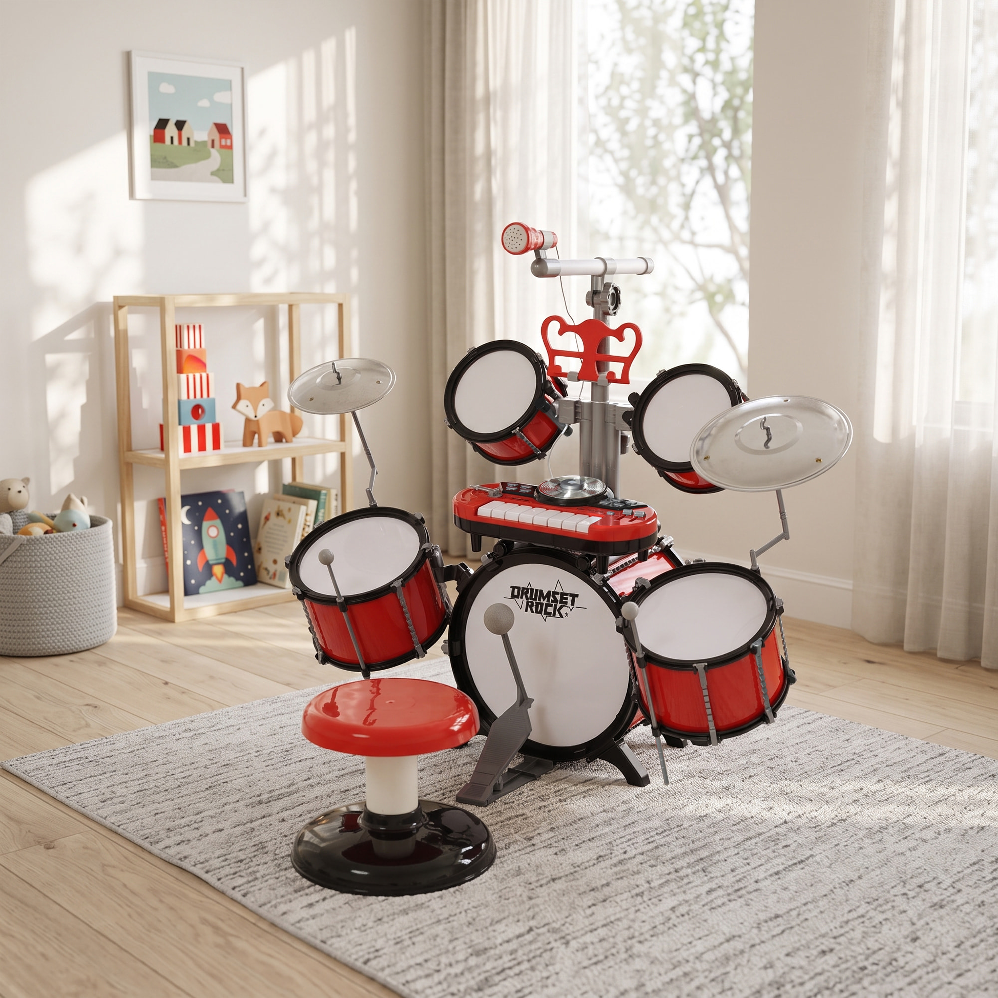 Kit de batterie enfant drum set avec tabouret micro connexion USB et accessoires