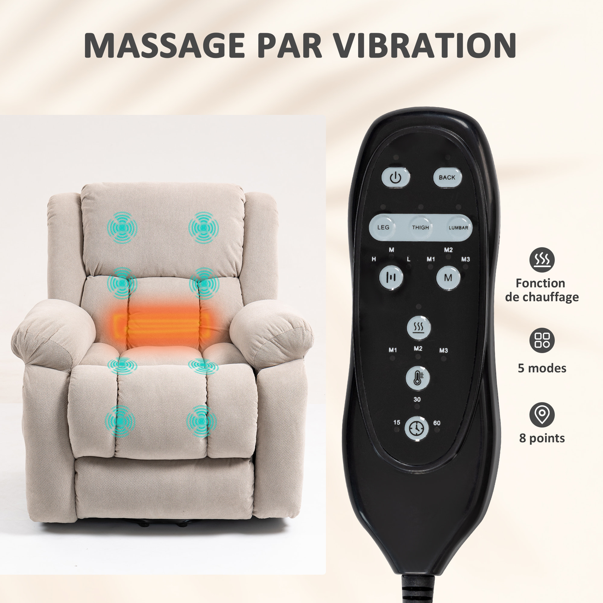 Fauteuil releveur massant chauffant grand confort - inclinable, repose-pieds rétractable - tissu toucher flanelle beige