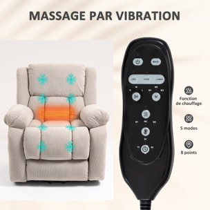 Fauteuil releveur massant chauffant grand confort - inclinable, repose-pieds rétractable - tissu toucher flanelle beige
