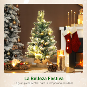 Árbol de Navidad con 35 Luces LED, 60 cm, Mini Árbol de Navidad Artificial con 64 Ramas Densas con Nieve, Piñas, Bayas y Base de Arpillera, Decoración Navideña de Mesa para Casa, Oficina, Verde