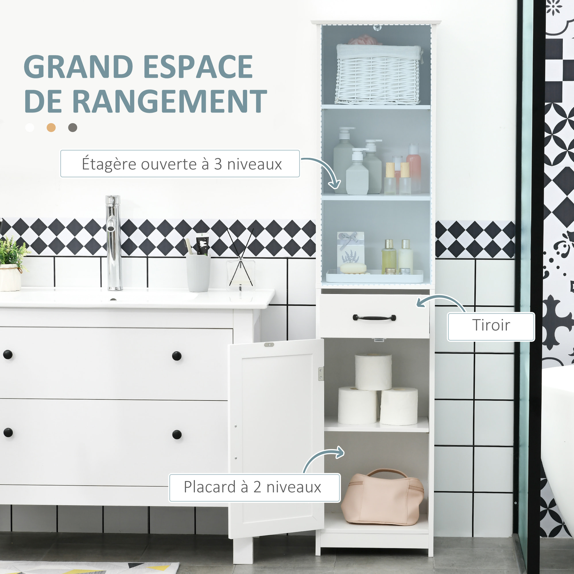 Colonne salle de bain dim. 40 x 30 x 164 cm - porte, étagère, tiroir, 3 niches - blanc