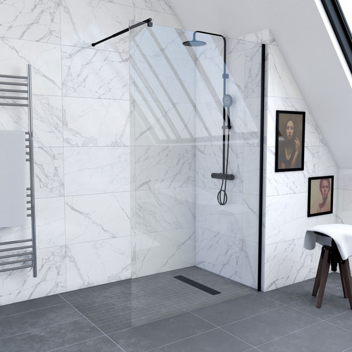Paroi de Douche 120x200cm Verre Transparent - Barre de Fixation Extensible et Profil Noir