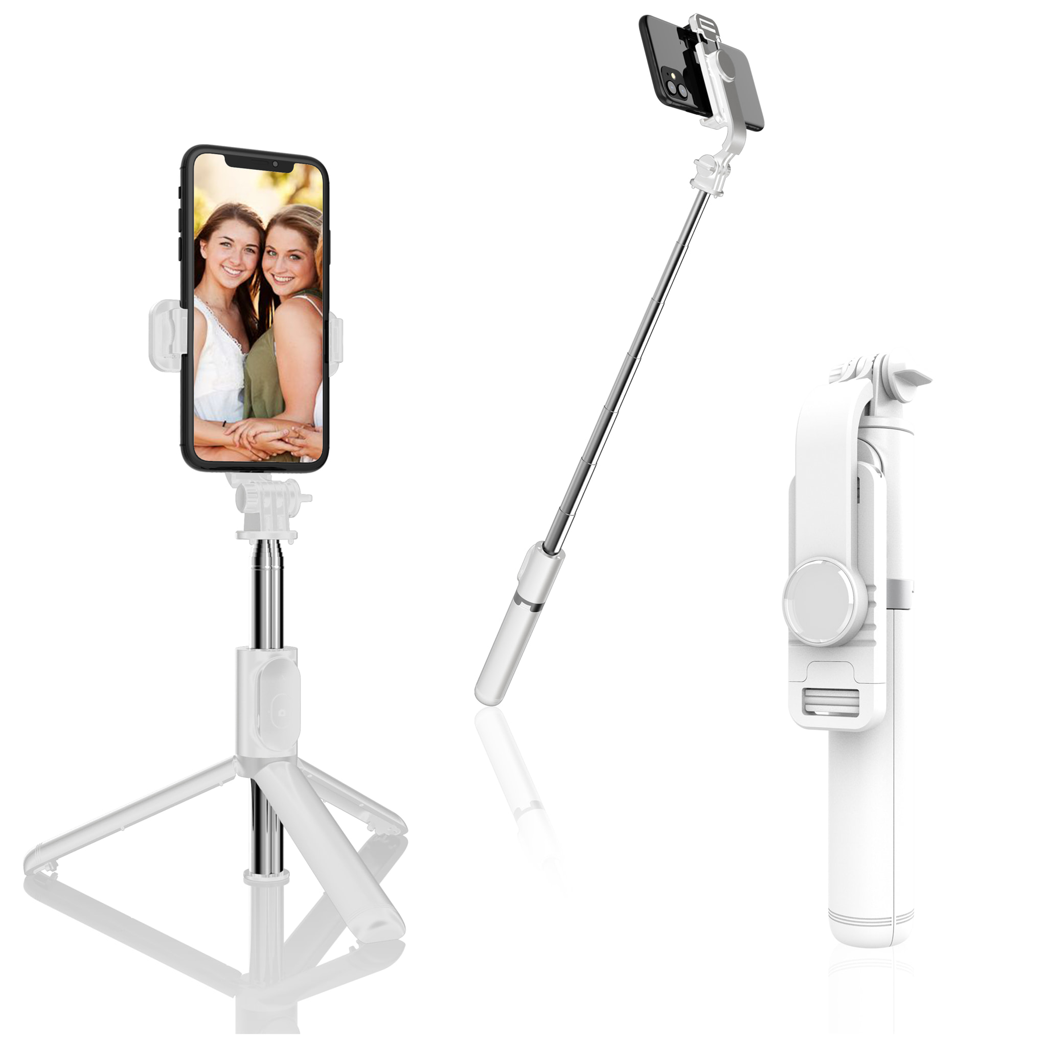 Palo selfie stick con treppiede estensibile e scatto remoto Bluetooth.