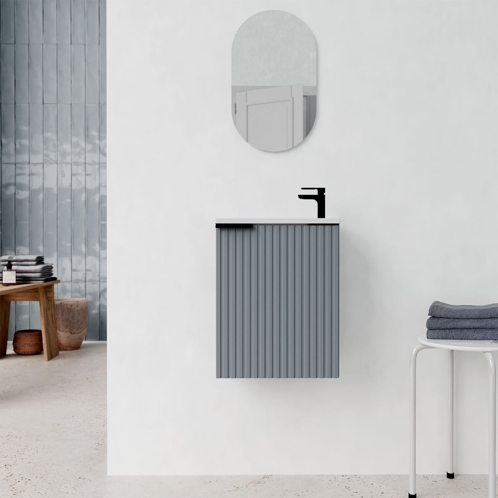 Ensemble meuble lave mains MDF ondulé gris 40x50x22cm et miroir ovale - MILO