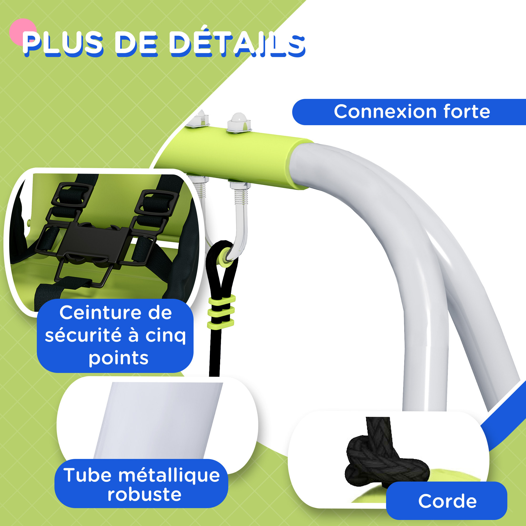 Portique balançoire évolutive - siège haut, accoudoirs, ceinture sécurité 5 points, barre protection - métal époxy gris vert